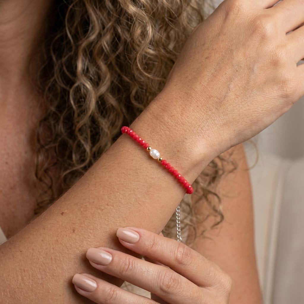 Pulseira Cristal Goiaba e Pérola