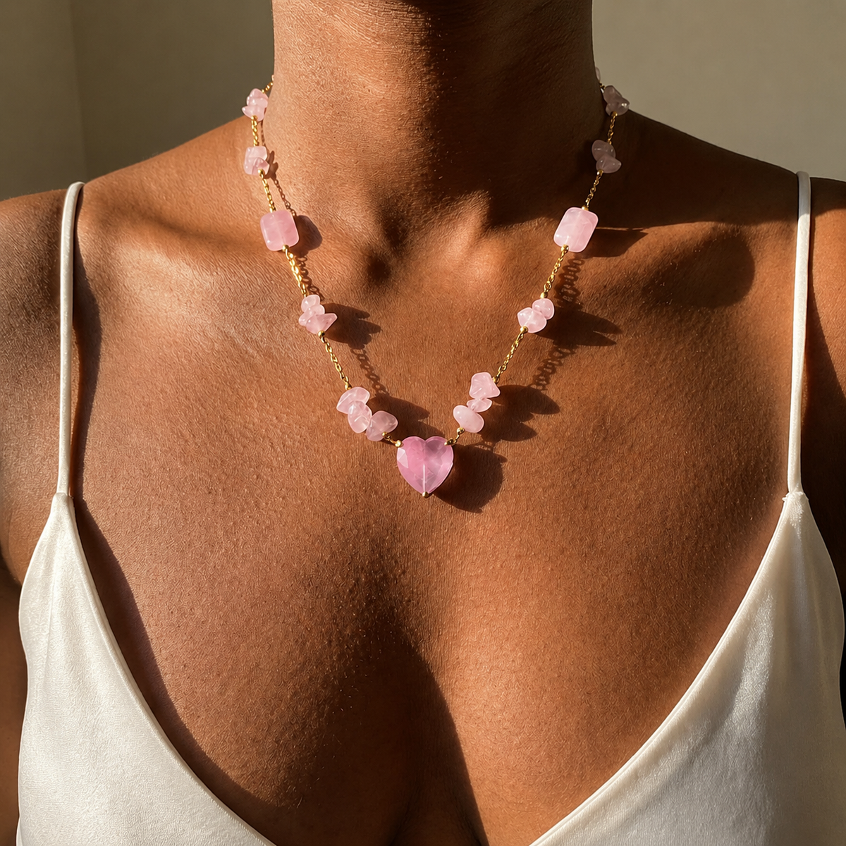 Colar Elo Quartzo Rosa e Coração