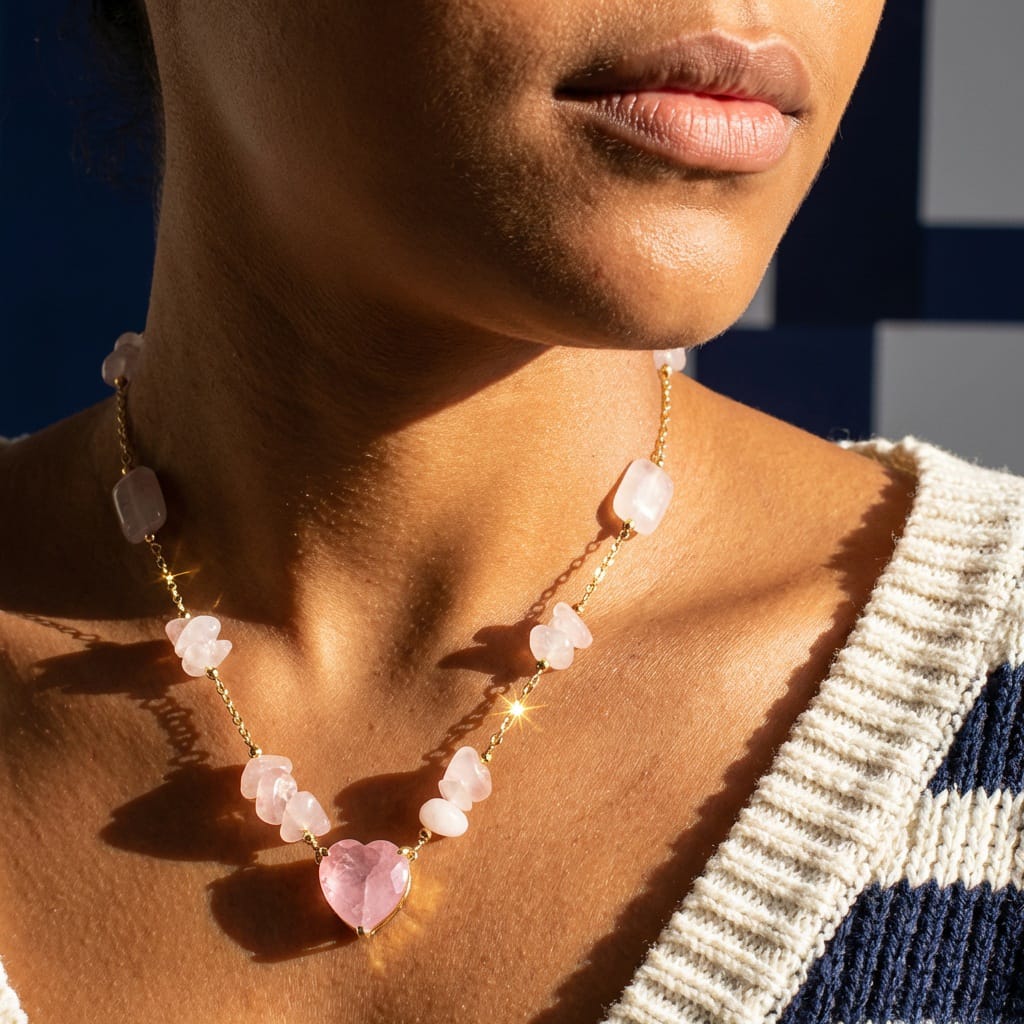 Colar Elo Quartzo Rosa e Coração